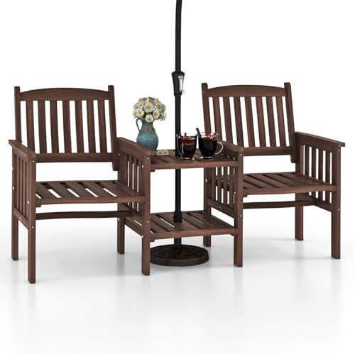 KOMFOTTEU Gartenbank mit integriertem Tisch & Schirmloch, 2-Sitzer Bank aus Tannenholz, Sitzbank Parkbank Outdoor 165 x 60 x 88 cm, Gartenset für Balkon Garten Terrasse, Weiß (Braun)