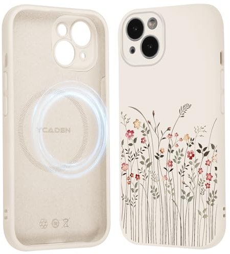 Saqmkil Handyhülle für iPhone 13 Hülle für Magsafe mit Blumen Muster | Aesthetic Bunt Motiv Mädchen Design Magnetische Case, Weich Flüssigem Silikon Stoßfeste Schutzhülle Cover 6,1 Beige 02