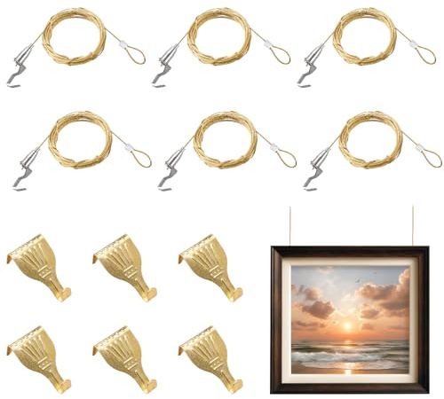 UFURMATE 6 Picture Hanging Kits with Hooks, Adjustable Brass Hanger Wire Rope Kit Professional Art Picture Display Kit for Wall Picture Exhibition(1M,Gold+Silver)