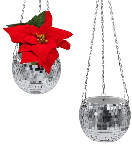 Blumenampel im Discokugel Design 15 cm mit Metallkette - 2er Set - Pflanztopf in Spiegelkugel Optik zum Hängen - Garten Deko Hänge Blumentopf Pflanzschale Blumenschale Hängetopf Indoor Outdoor