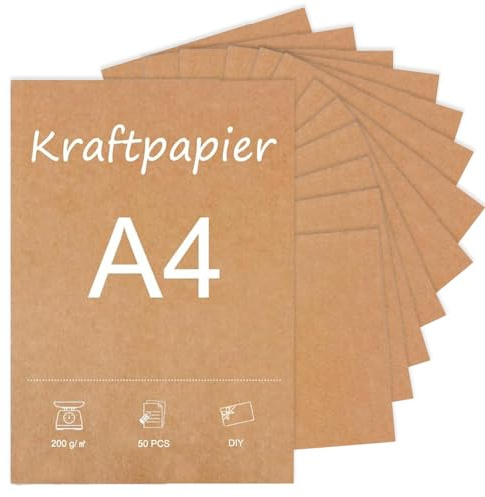 Kraftpapier A4 Braun, 50 Blatt - A4 200g Karten, Naturkarton in hochwertiger Qualität als Kartonpapier, Bastelpapier, Fotokarton