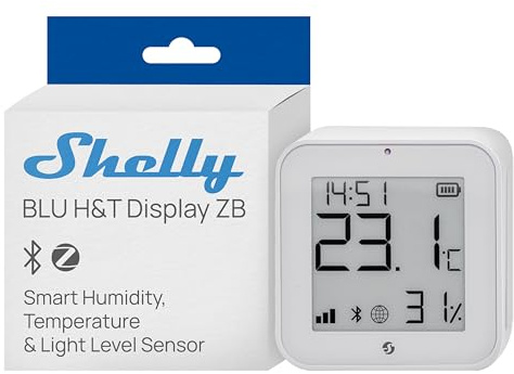 Shelly BLU H&T Display ZB Weiß - Bluetooth & Zigbee Temperatur- und Luftfeuchtigkeitssensor, E-Paper-Display, Digitaluhr, Smart Home, Verschlüsselung, Fernüberwachung, Gateway Erforderlich