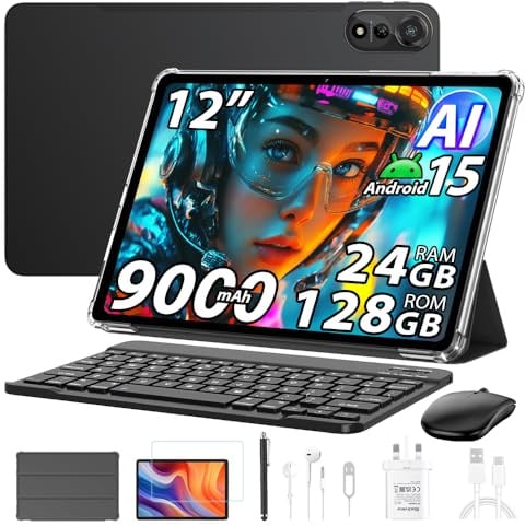 Blackview Mega 2 12 Pollici Tablet con Tastiera e Mouse, 24GB+128GB/2TB Android 15, 2 Altoparlanti,Widevine L1, 2.4K FHD+, 9000mAh, 5G WiFi 4G LTE Tablet PC Mode,OTG,Protettiva+Penna intelligente