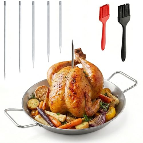 PUYUKO Brochettes Vertical pour Barbecue avec Plateau de 10 Pouces, 5 Broches à Kebab Amovibles en Acier Inoxydable & Pinceau en Silicone, Support pour Broche à Poulet pour Viande, Döner & Shawarma