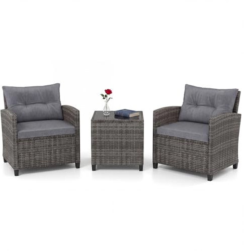 LIFEZEAL 2 Salons de Jardin Exterieur avec Table Basse en Rotin PE, Ensemble Fauteuils avec Coussin et Table en Verre Trempé pour Piscine, Terrasse, Balcon, Chaise avec Charge de 180 kg (Gris2)