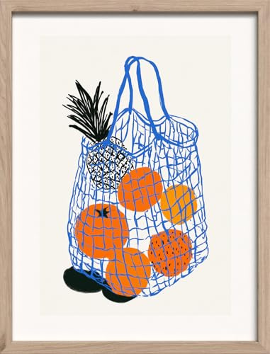 STYLER Bild Summer Fruit 30 x 40 cm mit Holzrahmen – Obst im Netzbeutel mit Ananas und Orangen – Modernes mediterranes Wandbild Terra Verde Kollektion