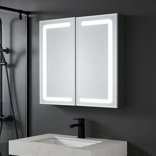 LOMIKEN LED Spiegelschrank Bad 50x70x13cm, Edelstahl, Anti-Beschlag, Bluetooth-Uhr, Dimmbar 3 Farbtemperaturen, Steckdose, Verstellbare Glasböden(Schwarz)