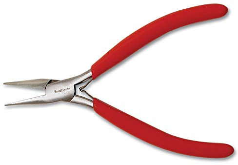 The Beadsmith Slim Line Serrated Chain Nose Pliers, 4.75 inches (120mm) with polished steel head, red PVC comfort grip handle with double-leaf spring, tool for jewelry making