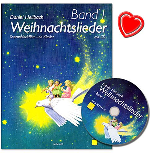 Weihnachtslieder Band 1 für Sopranblockflöte und Klavier mit CD und bunter herzförmiger Notenklammer - Weihnachtsliederbuch von Daniel Hellbach