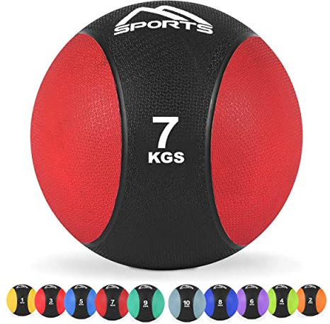 MSPORTS Medizinball 1 – 10 kg – Professionelle Studio-Qualität inkl. Übungsposter Gymnastikbälle (7 kg - Rot)