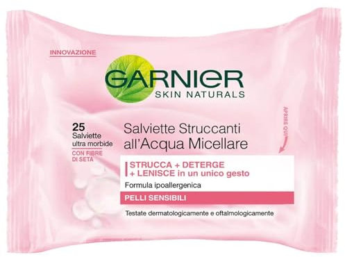Garnier - Skin Naturals - Lingettes Micellaires Démaquillantes aux Fibres de Soie - Paquet de 25 lingettes