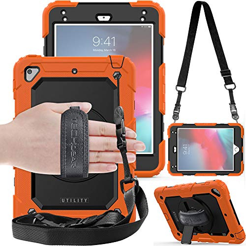 TECHGEAR UTILITY Case fits Apple iPad Mini 5th Gen 2019 / iPad Mini 4 Tough Rugged HEAVY DUTY Armour Shockproof Protect Case 360 Degree Rotating Stand, Hand Strap and Shoulder Strap Case - Orange