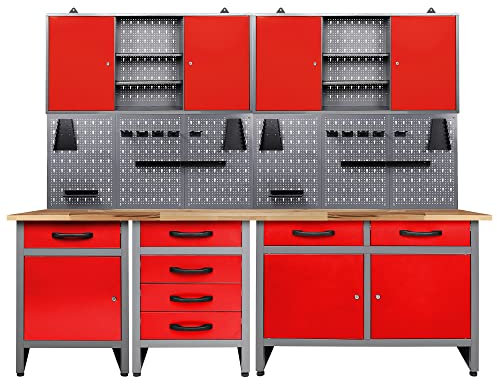 Ondis24 Werkstatteinrichtung 7 teilig rot Werkbank Werkzeugschrank Lochwand Werkstattausrüstung 240 cm