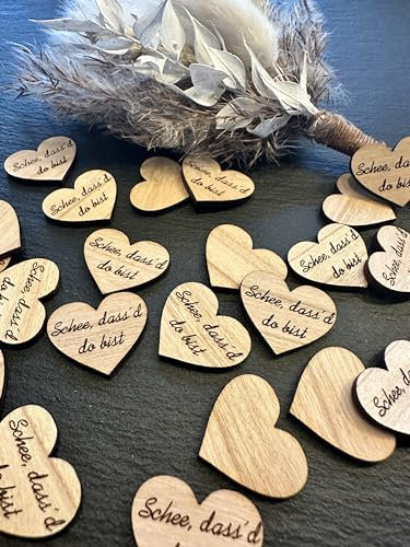 50 Streudeko Holz Herz Tischdeko Schee dass´d do bist Dekoherzen Bayrisch Deko Holzherzen Streudeko (2 cm)