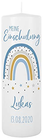 Striefchen® Regenbogen Kerze zur Einschulung als besondere Tischdekoration zum Schulanfang mit Namen des Kindes Jungen