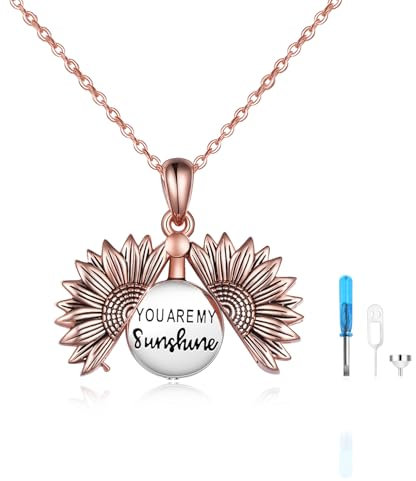ONEFINITY Sunflower Urn Necklace for Ashes Sterling Silver You Are My Sunshine Pendant Cremation Jewellery for Ashes of Loved Ones Keepsake (Rose Gold)