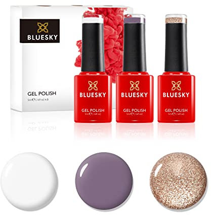 Bluesky Gel Nail Polish Set, Autumn Mauve, Pink BSH101, Champagne Sparkle Platinum04, Studio White 80526, 3 X 5 ml, Gold Glitter, Pink, White (Requires Curing Under UV or LED Lamp)