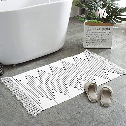 Ailsan Boho Baumwolle Tribal Teppich Läufer 61 x 91 cm marokkanische handgewebte Quaste Badteppiche Chic Diamond Stripe Fransen Türmatte waschbar kleiner für Schlafzimmer Küche Badezimmer Wäsche weiß
