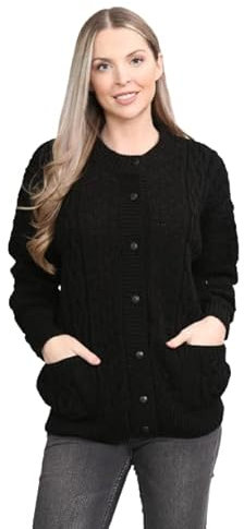 pretty attitude Women Winter Chunky Cable Knit Ladies Long Sleeve Aran Crew Neck Warm Cardigan (Black Aran Bw, 16)