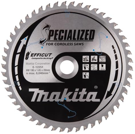 Makita E-12251 EFFICUT Composite decking Kreissägeblatt Ø 190 x 1,85 x 20 mm, 50 Zähne, 8° Zahnwinkel, für naturfaserverstärkten Kunststoff z.B. WPC, für Akku-Kapp-und Gehrungssägen