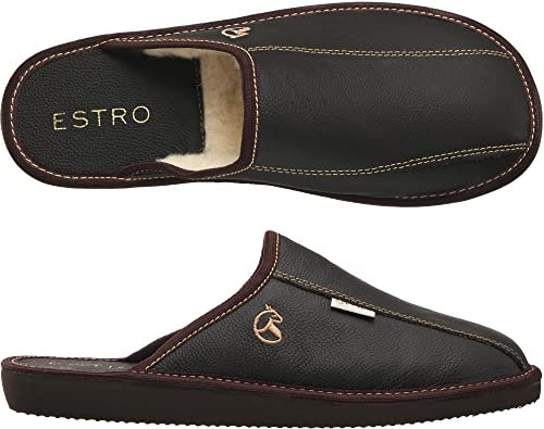 ESTRO Mens Slippers Men House Shoes Leather Home Mule Men's Slipper Memory Sole Frost (9 UK, Cocoa Wool)