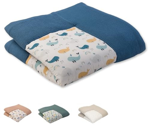 ULLENBOOM ® Baby Krabbeldecke 140x140 cm gepolstert - Blau-Wale (Made in EU) - XXL Krabbeldecke für Baby mit 100% OEKO TEX Baumwolle, ideal als Babydecke & Spieldecke