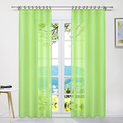 ESLIR Gardinen mit Kräuselband Vorhänge Fensterschal Transparent Schlaufenschal Voile Schal Uni Grün BxH 145x245cm 1 Stück