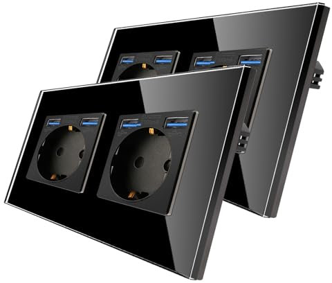 2 paquete CNBINGO Enchufe double puertos USB (Tipo-A 2.1 Amp total) - Enchufe de pared de contacto de protección de diseño simple con marco de vidrio - Toma USB de empotrar en Negro