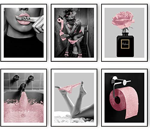 Modische Badezimmer-Wandkunstdrucke rosa Glam-Glitzer-Tissue Leinwand Poster Bilder Fotos Badezimmer Kunstwerk Wand schwarz und weiß moderne Frauen lustiges 11x14 Zoll (27.9x35.6cm) Ungerahmt