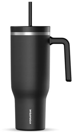 Hydrapeak Voyager - Vaso de acero inoxidable de 40 onzas con asa, botella de agua aislada con popote y tapa, apta para portavasos, taza de viaje reutilizable (negro)