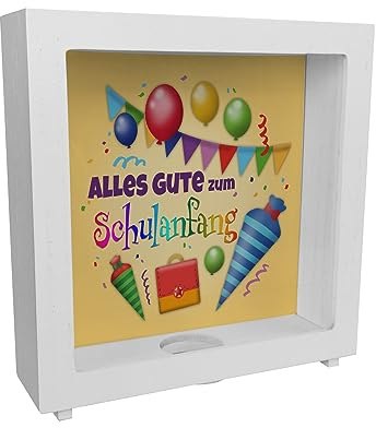 Alles Gute zum Schulanfang Rahmen Spardose aus Holz zur Einschulung als hübsche Geschenkidee für Jungen und Mädchen die endlich in die Schule kommen und Sich darauf freuen