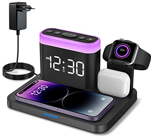 Chargeur Induction Station,5 en 1 Réveil avec Chargeur sans Fil,7 Veilleuses,Dock de Charge pour iPhone 14/13/12/11/Pro/Max/Mini/XR/XS/X/Samsung iPhone,Apple Watch 8/7/6/5/SE/Ultra,AirPods Pro/3/2/1