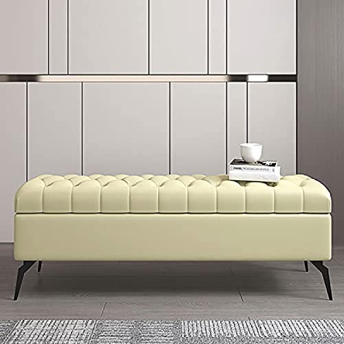 Rectangle Storage Ottoman Bench,Solid Wood End Of Bed Bench Ottoman With Storage,Leather Upholstered Storage Bench,Cream Yellow,80X40X45Cm