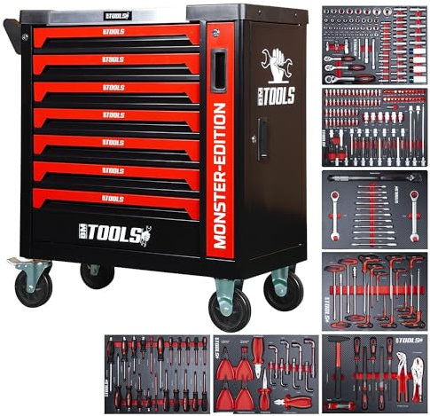 Servante d'atelier BM TOOLS 9/7 MONSTER-EDITION-RED 7 tiroirs pleins, 1 porte & 1 tiroir vertical - 257 outils - Sur roulettes