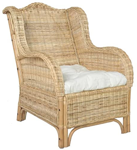 Festnight Rattansessel Korbstuhl inkl. Sitzkissen in Cremeweiß, Esszimmer-Sessel/Korbsessel aus Natur-Rattan, Korbsessel mit robustem Bambusgestell