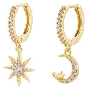 TOFBS 925 Silver Earrings For Women Cubic Zirconia Star And Moon Dangle Huggie Hoop Earrings 14k Gold Plated Hypoallergenic Earrings with Sparkling Element Crystal Teen Girls Jewellery Gifts Gold