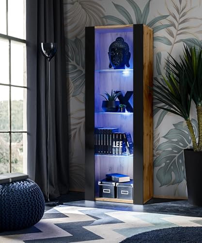 Komodee Vitrine Schrank Tivoli, Schwarz/Wotan, Breite 55cm x Höhe 159cm x Tiefe 35cm, LED Blau, 3 Regalböden, für Wohnzimmer, Schlafzimmer, Eingang