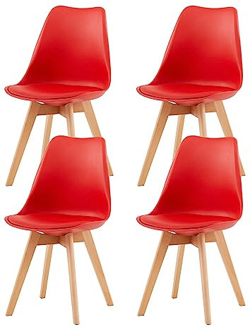EGGREE 4er Set Esszimmerstühle mit Massivholz Buche Bein SGS Geprüfter, Skandinavisch Design Gepolsterter aus PU-Leder Küchenstuhl Essstühle, Rot…