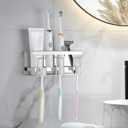 JiGiU Zahnbürstenhalter ohne Bohren 304 Edelstahl Zahnbürsten Wandhalterung für 3 Becher & Zahnbürstenschlitz Aufsteckbürsten Halter inkl. Montage Zubehör für Badezimmer (Silber)