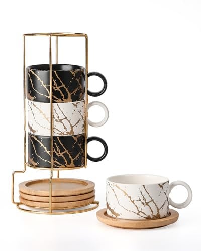 HOME DECOR Stackable Ceramic Coffee Cup, 160ml Cappuccino Cups and Saucer with Metal Stand for Espresso, Cappuccino and Latte Macchiato, Set of 4 - Marble Collection