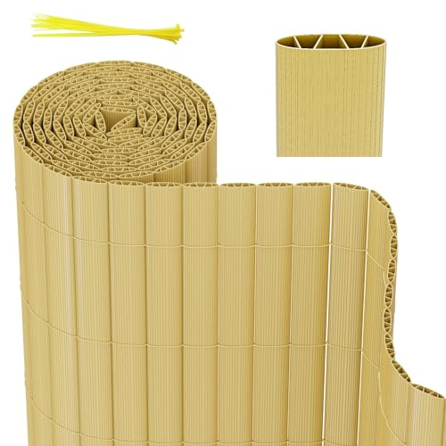 Herrselsam Sichtschutzmatte PVC Sichtschutzzaun mit Kabelbindern Standard Sichtschutz Windschutz Garten Balkon Terrasse Sichtschutzzaun Bambus 140x600cm Interne W-Struktur Verstärkte Lamellen