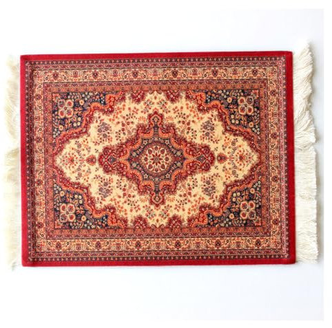 Qiantull Mini Teppich aus Orientteppich Muster Textilgewebe Klein Teppich Mouse Pad mit Baumwolle Quasten Mausmatte Computer Zubehör Untersetzer 28x18cm - Rot