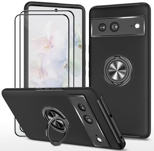 Dechyi hülle für Google Pixel 7 (6.3) und 2 Stück gehärtetem Glas Displayschutzfolie Handyhülle mit Ringhalterung stoßfest, Kratzfest strapazierfähig Schutzhülle Schwarz