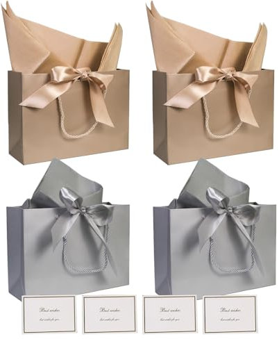 4 Piezas Bolsas de Regalo, Bolsa de Regalo con Papel Decorativo 8 y 4 Tarjetas, Bolsa Regalo Grande con Asas para Cumpleaños Bodas Celebración Graduaciones, 28 * 20 * 9cm (Champán y Gris)