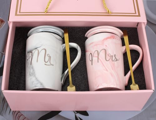 Hylruu Coffee Cups Set, Gifts for Couple Engagement Bridal Shower Bride and Groom Anniversary 14 Oz Ceramic Marble Cup (Mr & Mrs)