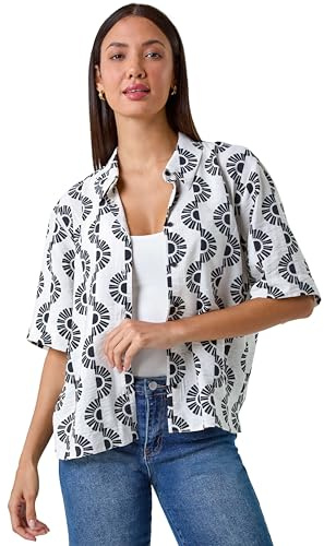 Roman Originals Short Sleeve Shirt for Women Ladies Cotton Blouse Button Tunic Printed Top Work Smart Casual Going Out Work Office V Neck Everyday Evening Event - Petite Green - Size 14