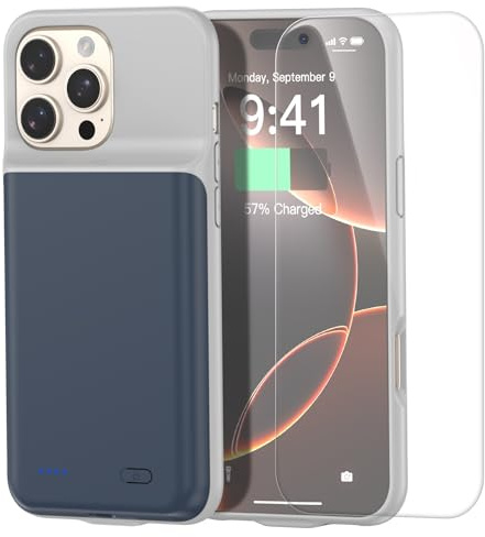 Coque batterie de voyage pour iPhone 16Plus 6,7, 7 000 mAh, autonomie supplémentaire de 15 W, charge rapide, coque de charge portable externe rechargeable avec film de protection trempé HD, bleu