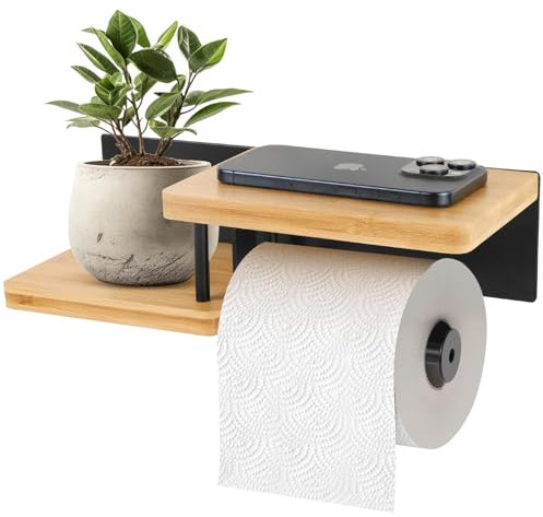 Diealles Shine® Toilettenpapierhalter Mit Ablage, Klopapierhalter Bambus aus Stahl&Bambus, Toilettenpapierhalter Ohne Bohren Holz, Klorollenhalter für Küche und Badzimmer