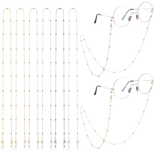 Nogeqi 6 Stück Brillenkette Damen Gold Modern, Eisen Brillen Kette, Brillenketten Perlen, Kette für Brille Damen Lesebrillen Mit Silikon, Wasserfest Brillenband Antirutsch Ringe (Mehrere Farben)