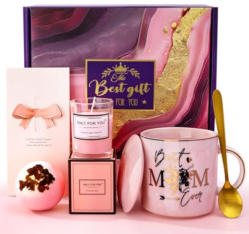 Birthday Gifts for Mum, Lovely Mum Pamper Gifts from Daughter Son, Christmas Relaxing Spa Hamper Gift Basket for New Mum to be, 14 Oz Pink Ceramic Mug Set with Bath Bomb Scented Candle, Luxury Box